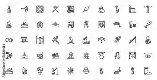 Fishing icon set. Vector fishing equipment collection. Includes fishing hook, net, boat, rod, bait, fish, lifesaver, lantern, knife, toolbox and more. Editable line icons.