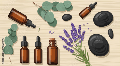 An inviting overhead flat lay showcases a collection of natural spa and aromatherapy essentials, including essential oils, lavender, eucalyptus, and smooth massage stones, arranged on a light wooden