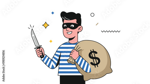 Sneaky thief wearing a striped shirt and eye mask holding a sharp knife and a large bag of stolen money represents crime, robbery, and security risk.