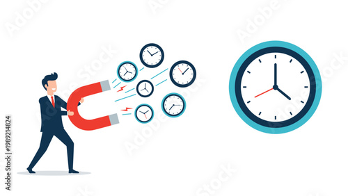 Smart businessman using a powerful red magnet to pull various clock icons towards him represents effective time management and productivity skills.
