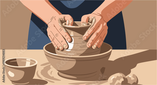 A close-up illustration of skilled hands shaping a clay pot on a pottery wheel, showcasing the ancient craft of ceramics with artistic precision.