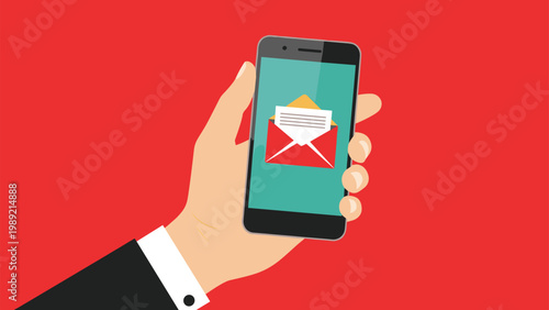 Hand holding a smartphone with an envelope icon on the screen represents receiving a new email message and staying connected through digital mobile apps.