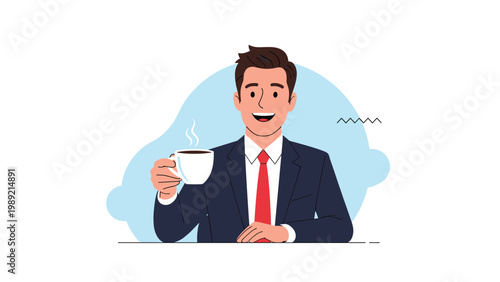 Happy businessman in suit holding steaming cup of coffee while sitting at his desk represents morning routine and coffee break at work office.
