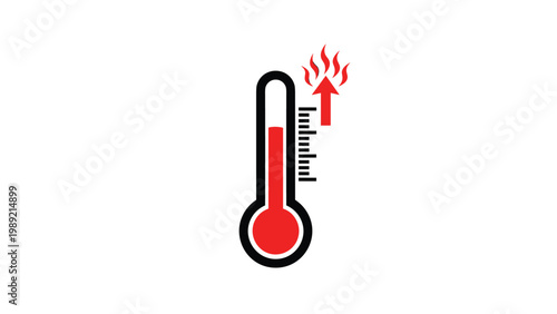 Red thermometer icon showing a very high temperature level with a rising arrow and fire symbols represents extreme heat, fever, or global warming.