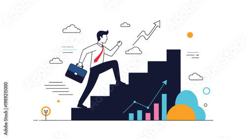 Ambitious businessman carrying a briefcase while walking up a giant staircase toward a rising arrow symbolizes career progression and success.