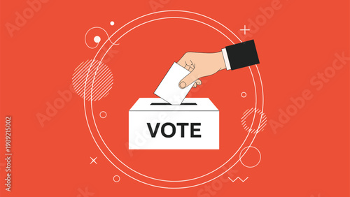 Hand of a voter putting a white paper ballot into a white voting box with the word vote written on it against a red background with icons.