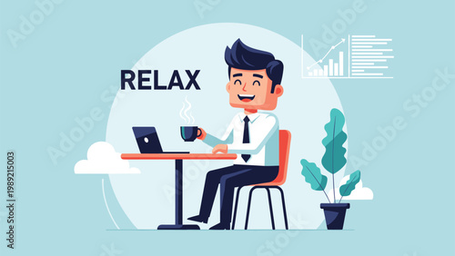 Relaxed businessman sitting at a table with a laptop and a cup of coffee with the word relax shows a peaceful work from home environment.