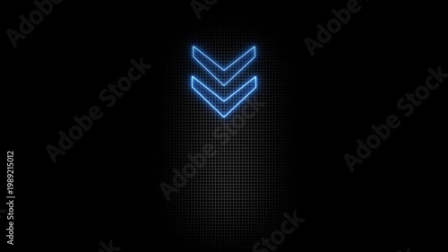 Animated green glowing neon triple down arrow icon on a black background, neon down arrow animation concept. 4k