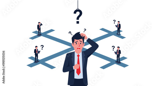 Stressed businessman standing at a crossroads with multiple directions and question marks represents difficult decisions and career choices.