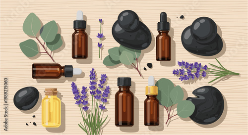 A beautifully arranged flat lay showcases an assortment of natural essential oils, smooth spa stones, and fresh lavender and eucalyptus sprigs, perfect for relaxation and wellness concepts.