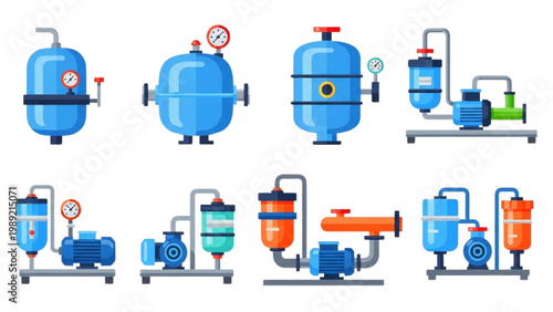 Expansion Tank and Condensate Return Unit Vector Icon Set: Industrial Pressure Vessel, Steam System Recovery, and HVAC Equipment Flat Geometric Icons