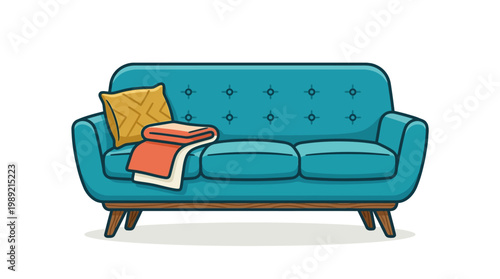 Teal colored sofa with pillows.