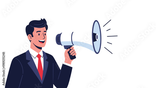 Energetic businessman in a dark suit speaking into a white megaphone to make an announcement or promote a business marketing message.