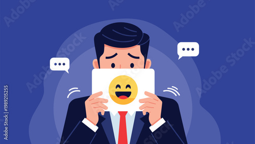 Sad businessman hiding his face behind a happy smiley face card, representing faked emotions and the importance of workplace mental health.