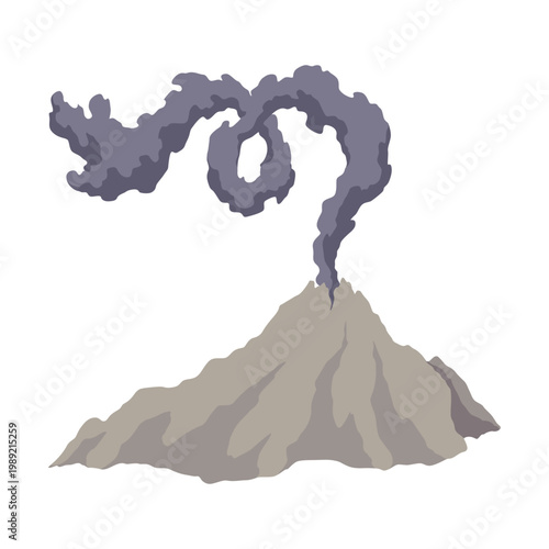 Volcano icon. Magma nature blowing up with smoke. An awakened vulcan activity, smoke element. Volcano eruption. Flat cartoon vector isolated illustration