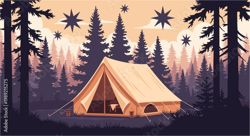 A serene wilderness campsite at dusk, featuring a classic canvas tent nestled among tall pine trees under a sky adorned with stylized stars.