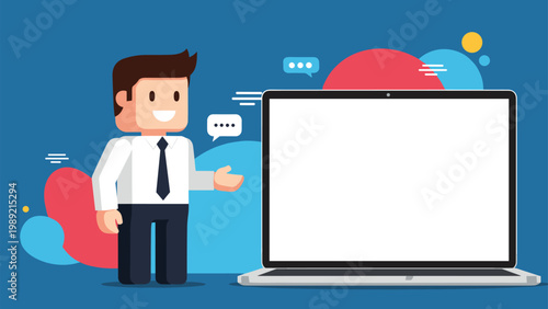 Happy professional man standing next to a large blank laptop screen, ideal for displaying software, websites, or business presentations.