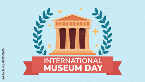 Bild auf Leinwand International Museum Day illustration with classical museum building laurel wrea