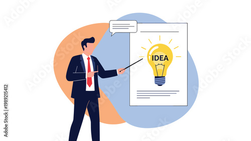 Professional man in a suit pointing to an idea poster with a glowing light bulb symbol for creative business brainstorming.
