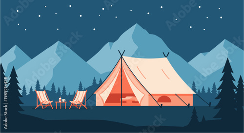 Flat vector illustration of a cozy campsite under a starry night sky, featuring a large tent, comfortable chairs, and majestic mountains in the background.