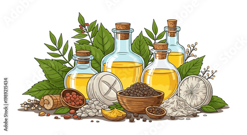 An artfully arranged illustration showcasing various natural ingredients, including essential oils in bottles, spices, and fresh green leaves, symbolizing health and wellness.