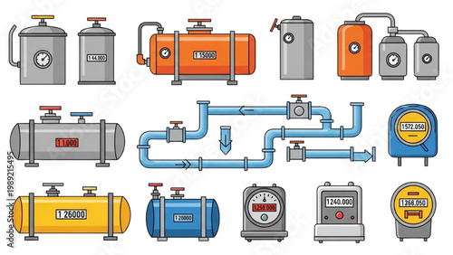 Industrial Fuel Tank and Oil Line Vector Icon Set: Gas Meter, Petroleum Storage, and Energy Infrastructure Icons in Flat Colorful Technical Design