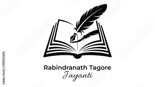 Rabindranath Tagore Jayanti illustration with open book and feather quill pen icon minimal black design isolated on white background for literary tribute