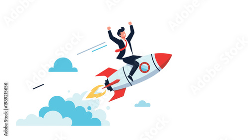 Successful entrepreneur riding a fast moving space rocket represents rapid business growth and professional achievement goals.