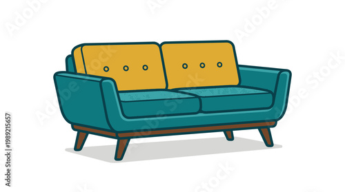 Teal colored sofa with yellow cushions.