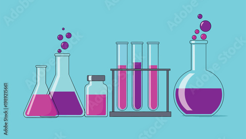 Collection of glass laboratory flasks and test tubes with pink and purple liquids for chemical experiments and research.
