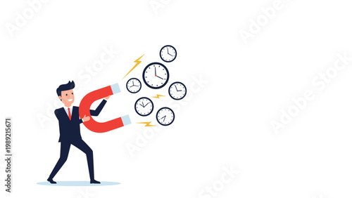 Determined businessman using a large red magnet to attract several floating clocks to represent efficient time management and productivity.