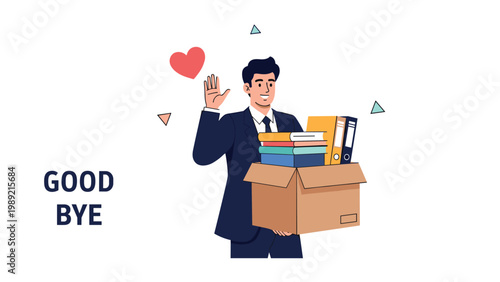 Happy employee carrying a cardboard box full of personal office belongings waves goodbye after resigning or finishing work.