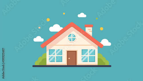 Illustration of a cute simple family house with a red roof and chimney on a green lawn against a turquoise sky with clouds and sun.