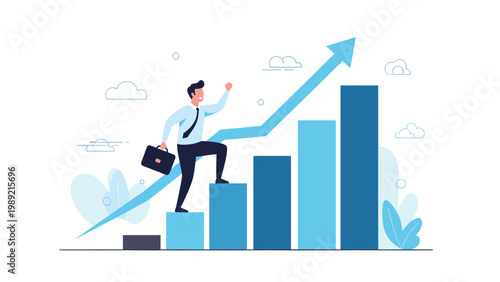Ambitious businessman walking up a rising blue bar chart with a large upward arrow in the background to show career and financial growth.