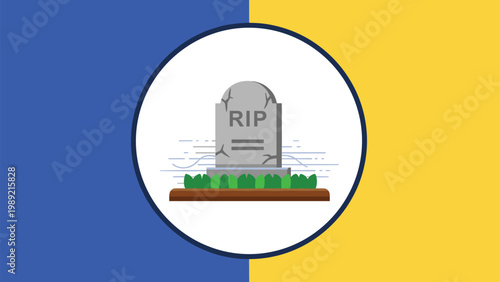 Simple grey tombstone with rip engraving placed on green grass symbolizing mourning, death, or the end of a specific life cycle.