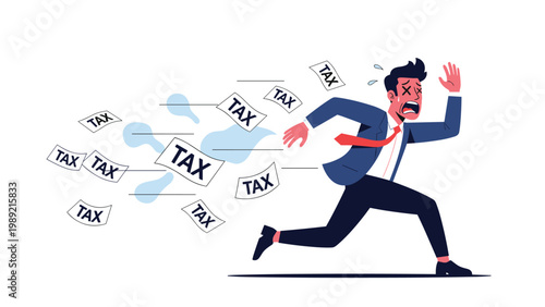 Stressed businessman running away from flying tax papers represents financial pressure and fear of government audits.