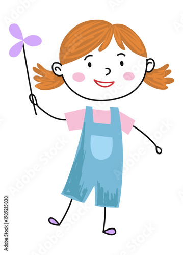 Young girl spinning with delight, Blonde child joyfully spinning colorful pinwheel outdoors, Child with pigtails and bright attire spinning happily in refreshing outdoor wind