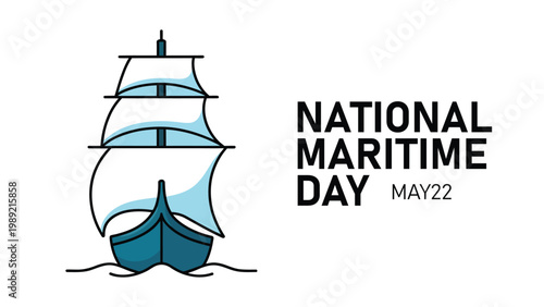 National Maritime Day illustration with ship line art and ocean waves minimal design on white background for marine transport celebration concept