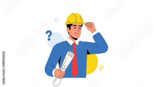 Confident architect wearing a yellow hard hat and holding a rolled blueprint represents construction and urban planning.