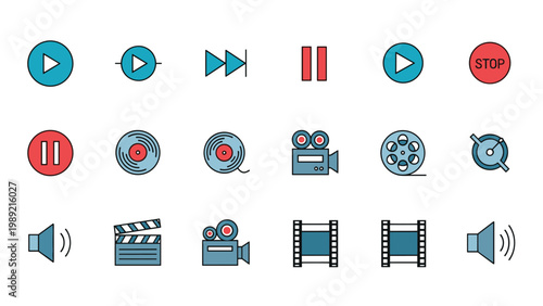 Collection of media player control icons including play, pause, stop, volume, and video camera symbols for digital web interfaces.