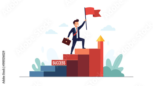 Ambitious businessman climbing a set of colorful stairs towards a high goal while holding a red success flag in a sunny environment.