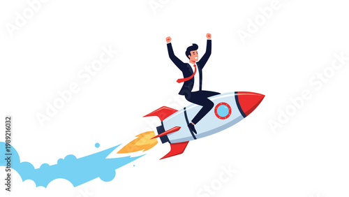 Excited businessman riding a fast-moving rocket into the white sky to symbolize rapid growth, startup launch, and career acceleration.