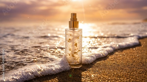 Sunscreen product bottle standing on sand with sunset sea background