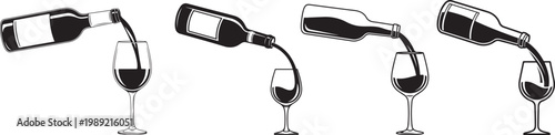 Wine Pouring from Bottle into Glass Set, Black and White Minimal Drink Illustrations.