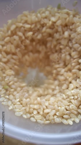 Brown rice pouring into funnel, food processing and grain production concept, vertical, video