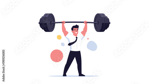 Strong professional man lifting a heavy barbell with ease to demonstrate peak business performance and overcoming difficult challenges.