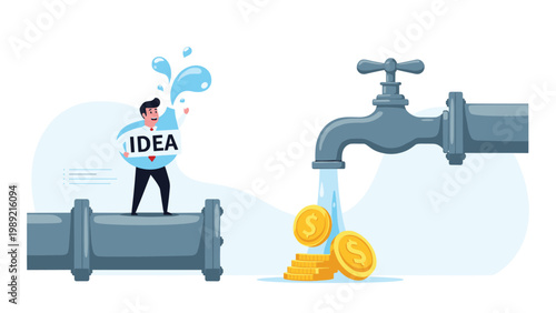 Businessman standing on a pipe with an idea sign while gold coins flow out of a giant faucet represents monetizing ideas.