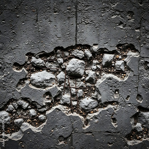 Cracked Concrete Wall with Exposed Rocks and Debris