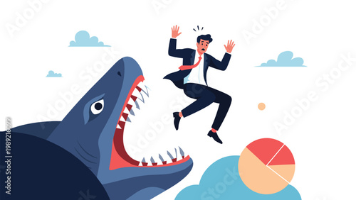 Giant shark representing market risk prepares to eat a frightened businessman falling towards a colorful business pie chart.