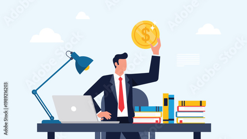 Ambitious businessman sitting at a desk with a laptop and books holding a giant gold coin representing career success and wealth.